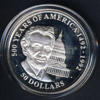 Cook szigetek 1991. 50$ Ag "Amerika 500 éve-Abraham Lincoln" T:PP