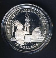 Cook szigetek 1991. 50$ Ag "Amerika 500 éve-azték pap" T:PP