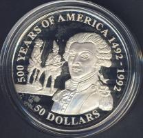 Cook szigetek 1991. 50$ Ag "Amerika 500 éve-Marquis de Lafayette" T:PP