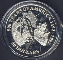Cook szigetek 1992. 50$ Ag "Amerika 500 éve-Davis-szoros, hajó" T:PP