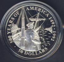 Cook szigetek 1992. 50$ Ag "Amerika 500 éve-Vitus Bering, hajó" T:PP