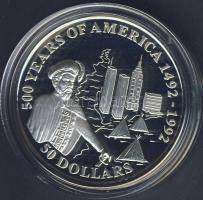 Cook szigetek 1992. 50$ Ag "Amerika 500 éve-Giovanni de Varrazano, hajó" T:PP