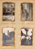 Régi csatos fotóalbum keményhátú fotókhoz, belsejében fotókkal, vegyes témában, viseltes állapotban