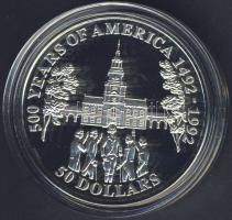 Cook szigetek 1992. 50$ Ag "Amerika 500 éve-Independence Hall" T:PP