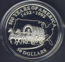 Cook szigetek 1992. 50$ Ag "Amerika 500 éve-Oregon Trail" T:PP