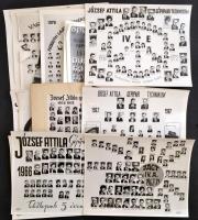 1957-1982 Vegyes tablófotó tétel, 22 db, egy kartonon, közte József Attila Gépipari Technikum 14 db tablófotója, Vasút Gépészeti Technikum 5 db fotója, Kossuth Lajos Szakközépiskola 3 db fotója (közte repülőgépszerelő tagozat, és repülőgép-műszererész szak), köztük 5 db hátoldalán aláírásokkal,  egy szakadt, 15x22 cm és 24x30 cm közötti méretben