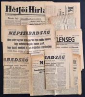 1956 Vegyes 1956-os újság tétel, 9 db, közte Hétfő Hírlap I. évf. 1. szám, 1956. okt. 8.,  Magyar Függetlenség I. évf. 3. szám. 1956. okt. 31., Kis Ujság. I. évf. 3. sz., 1956. nov. 2., Szabad Nép. 1956. okt. 29, Népszava 1956. nov. 1., Népszabadság I. évf. 7. (x2), 11., 13. számok. Változó állapotban.