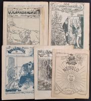 cca 1900-1910 Az I. kerületi Állami Főgimnázium, mai nevén Petőfi Sándor Gimnázium humoros diáklapjainak 6 száma, közte  Új-Garabonciás 5 száma,+ 1908 Nebulo XII. évf. 1. szám. Változó állapotban, az egyik foltos, a másikon szúette nyomokkal.