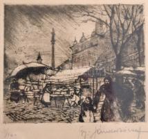Gy. Sándor József (1887-1936): Piac. Rézkarc, papír, jelzett, üvegezett fa keretben, 11x14 cm
