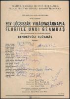 1985 Kolozsvár, Állami Magyar Színház, Sütő András: Egy lócsiszár virágvasárnapja c. előadás prospektusa, rajta a színészek aláírásaival, valamint a rendező, Harag György (1925-1985), és az író Sütő András (1927-2006) aláírásaival.