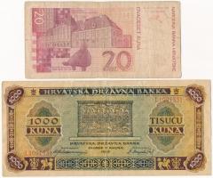 Független Horvát Állam 1943. 1000K + Horvátország 1993. 20K T:III,III-
Independent State of Croatia...