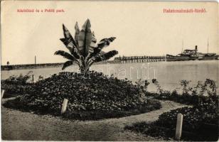 Balatonalmádi-fürdő, kikötő híd és Petőfi park, Baross gőzös. Fodor Ferenc kiadása (EB)