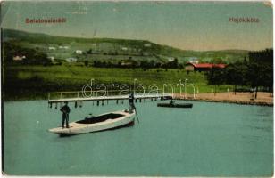 1926 Balatonalmádi, hajókikötő, motorcsónak matrózokkal (EK)