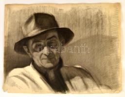 Szegedi Molnár Géza (1906-1970): Kalapos férfi. Szén, papír, jelzett, felcsavarva, szélein szakadások, 47×61 cm