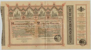 Budapest 1886. Egyházi Műemlék Alap sorsjegykölcsön 5Ft-ról a lipótvárosi bazilika felépítésére és egyházi műemlékek fenntartására, bélyegzéssel (2x) T:III