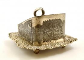 cca 1900 William Briggs & Co sajttartó tálca és fedő, ezüstözött alpakka, jelzett, kopott, 24,5×...