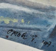 Orosz István (?-): Esik. Vegyes technika, papír, 50×70 cm