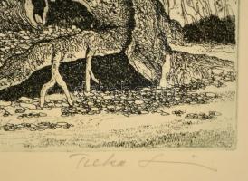 Tuka László (1924-2007): Távoli csúcsok. Rézkarc, papír, jelzett, üvegezett keretben, 37×27 cm