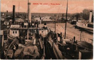 Zimony, Semlin, Zemun; Téli kikötő, gőzhajók / winter sport with steamships