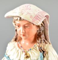 cca 1900 jelzett német mandolinos hölgy, kézzel festett majolika, apró kopásnyomokkal, m: 38 cm