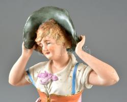 cca 1910 kalapos hölgy, kézzel festett biszkvit porcelán, kopásnyomokkal, jelzés nélkül, m: 39 cm