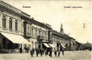 1908 Zombor, Sombor; Kossuth Lajos utca, Knipl Gáspár sörcsarnoka, Bank és Bizományi üzlete, Schlieszer testvérek üzlete / street view with beer hall, shops and bank