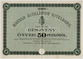 Budapest 1926. Magyar Általános Hitelbank részvénye 50P-ről, szárazpecséttel T:III