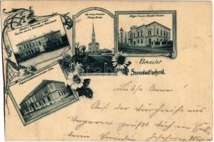 1898 Szombathely, Színház, Berzsenyi szobor, Evangélikus templom, Megyei Casino (kaszinó), Polgári és felső kereskedelmi iskola. Art Nouveau, floral (vágott / cut)