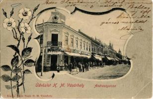 1905 Hódmezővásárhely, Andrássy utca, üzletek. Kiadja Reisz Bazár (EB)