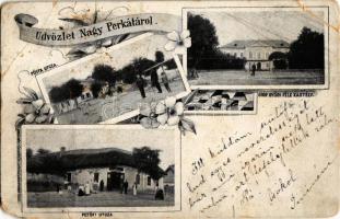 1901 Perkáta, Nagyperkáta; Posta utca, Gróf Győri kastély, Petőfi utca, üzlet. Kiadja Ungár Mór fényképész, Farkas B. Art Nouveau, floral (EM)