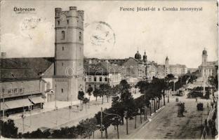 1915 Debrecen, Ferenc József út a Csonka toronnyal, villamos, üzletek (EK)
