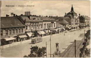 Debrecen, Ferenc József út, Megyeháza, villamos, Pannonia szálloda, Reisz Lipót, Márkus Jenő üzlete, Arany Angyal Gyógyszertár. Kiadja Aczél Henrik (EK)