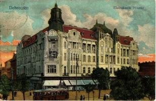 1912 Debrecen, Takarékpénztár, Kontsek Kornél üzlete, villamos. Kiadja Aczél Henrik