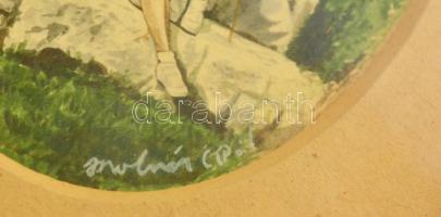 Molnár jelzéssel: Pihenő. Akvarell, karton, üvegezett keretben, 12×8,5 cm