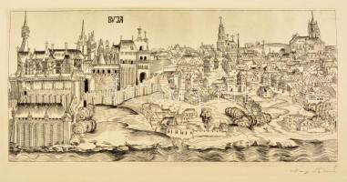 Olvashatatlan jelzéssel: Buda vára 1492-ben. Rézkarc, papír. 10x19 cm
