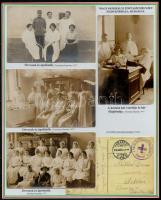 1916 Budapest, a Magyar királyi postaszemélyzet hadikórháza. 5 db fotólap a kórház személyzetéről. Kartonon (nincs felragasztva) kísérő szövegekkel