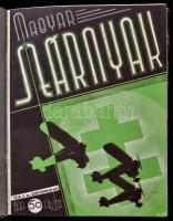 1938 Magyar Szárnyak. Szerk.: Jánosy István. 1. évf. 1-6. szám. Teljes első évfolyam. Bp., Elbert és Társa-ny.-Kalász-Könyvkiadó Rt.-ny., 48+56+56+60+52+4+5-92+8 p.   Korabeli kopottas félvászon-kötésben, az elejére I. évf. 3. szám papírborítóját kötötték, a többi papírborító hiányzik, a 6. szám 5. oldallal indul.   Suttai János szakaszvezető pilóta névbejegyzésével a I. évf. 3. szám 1. oldalán.