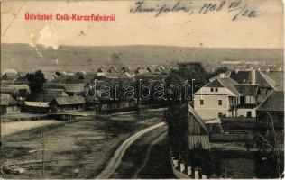 1908 Karcfalva, Csíkkarcfalva, Carta; utcakép, fahíd. Brassói Lapok kiadása / street view, wooden bridge (EK)