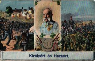 Királyért és hazáért. / WWI K.u.K. military patriotic art postcard, Franz Joseph + M. kir. 1. népf. gyal. ezred vasútbiztosító osztag parancsnokság Petrovaradin (ázott sarok / wet corner)