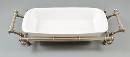 Ezüstözött fém ételkínáló pótolt porcelán tállal, 46×25 cm