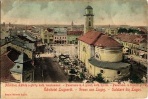 Lugos, Lugoj; látkép a Görögkatolikus templommal, piaci árusok, üzletek. Kiadja Nemes Kálmán / Panorama m. d. griech. kath. Kirche / Panorama cu biserici gr. cat. / general view with Greek Catholic church, market vendors and shops (fl)