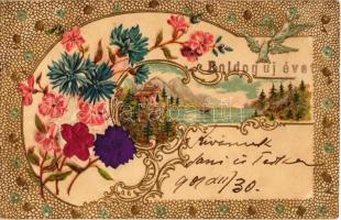 1901 Boldog új évet / New Year greeting art postcard, Embossed, golden decorated, Art Nouveau, floral, litho silk card