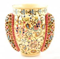 cca 1890 Fischer áttört váza, peremén apró lepattanással, kézzel festett keménycserép, jelzett (Fischer J. Budapest), apró kopásnyomokkal, alján átfúrt, formaszám: 1073, m:21 cm