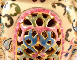 cca 1890 Fischer áttört váza, peremén apró lepattanással, kézzel festett keménycserép, jelzett (Fisc...