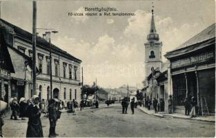 1931 Berettyóújfalu, Fő utca, Református templom, Fodor Sándor nagyáruháza, Illyés Károly cipész