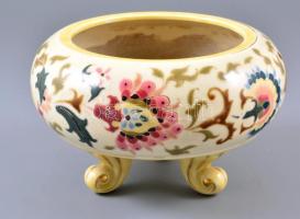 cca 1880 Zsolnay bonbonier, kézzel festett porcelánfajansz, javított, fedél nélkül, jelzett (TJM), d:18,5 cm, m:11 cm,