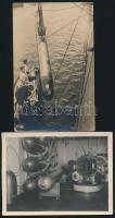 cca 1914-1930 Torpedók a valószínűleg francia hadihajó torpedókamrájának kilövőállásánál, fotó, felületén törésnyommal, 9x12 cm + cca 1914-1918 K.u.k. haditengerészet torpedójának beemelése, fotólap, 14x8,5 cm