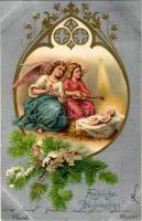 1904 Fröhlichten Weihnachten! / Christmas greeting art postcard with angels. Emb. Art Nouveau, litho