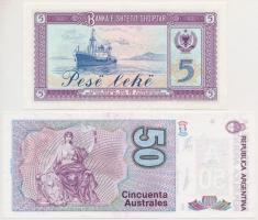 Vegyes: Albánia 1976. 5L + Argentína 1986-1989. 50A T:I 
Mixed: Albania 1976. 5 Leke + Argentina 19...