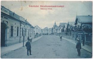 Dicsőszentmárton, Tarnaveni, Diciosanmartin; Rákóczi utca. Kiadja Hirsch Mór / street view (ázott sarok / wet corner)